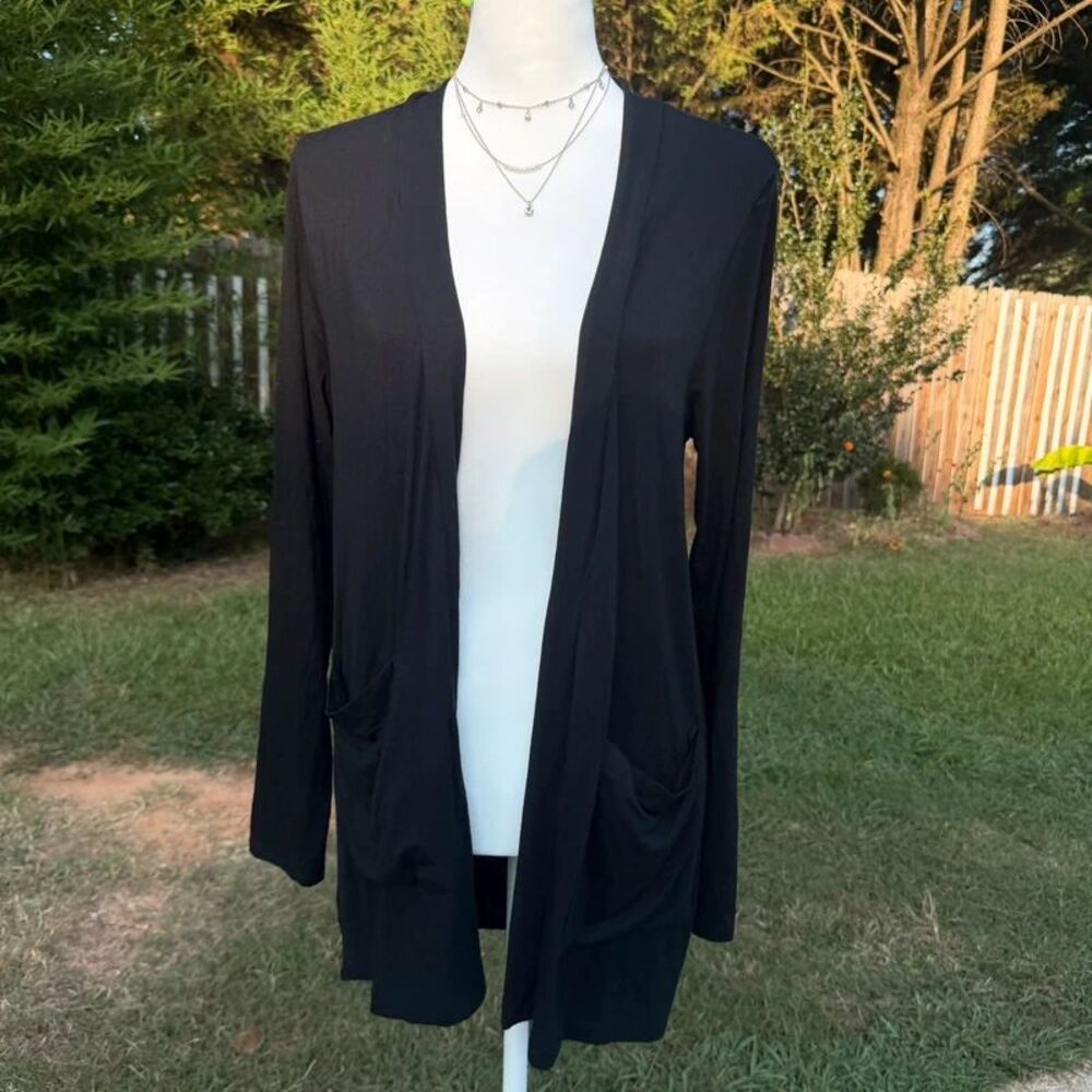 Black Longline Cardigan Open Front Lightweight Duster Sweater Pockets Small